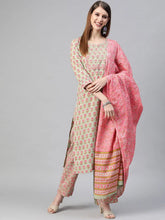 Women Cotton Green Floral Printed Straight Kurta Pant Dupatta Set