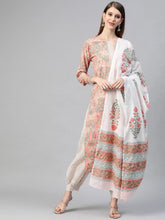 Women Cotton Peach Ethnic Motifs Printed Straight Kurta Pant Dupatta Set