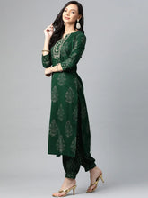 Women Green Gold Ethnic Print Sequin Detail Cotton Kurta With Trousers Dupatta