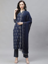 Women Navy Blue Floral Printed Regular Pure Cotton Kurta With Palazzos With Dupatta
