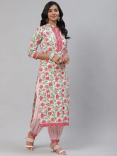 Women White Pink Ethnic Printed Pure Cotton Kurta With Salwar With Dupatta