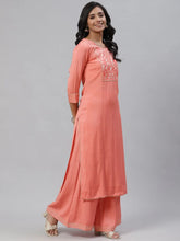 Women Peach Coloured Yoke Design Pure Cotton Kurta With Palazzos Dupatta