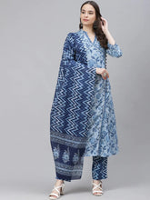 Women Blue Off White Ethnic Motifs Print Cotton Kurta With Trousers Dupatta