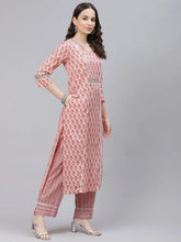 Women Peach Coloured Green Printed Cotton Kurta With Trousers Dupatta
