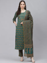 Women Teal Green Mustard Yellow Printed Cotton Kurta With Trousers Dupatta