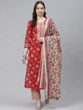 Women Red Cream Coloured Printed Cotton Kurta With Trousers Dupatta