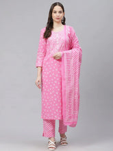 Women Pink White Bandhani Print Pure Cotton Kurta With Trousers Dupatta
