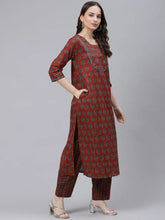 Women Rust Orange Navy Blue Printed Cotton Kurta With Trousers Dupatta