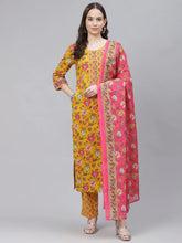 Women Mustard Yellow Pink Ethnic Motifs Print Cotton Kurta With Trousers Dupatta