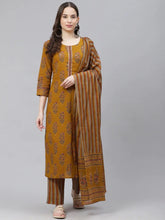 Women Olive Brown Rust Orange Printed Pure Cotton Kurta With Trousers Dupatta
