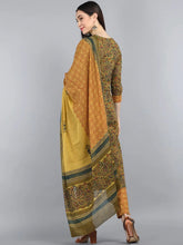 Women Green Yellow Floral Printed Pure Cotton Kurta With Trousers Dupatta Set
