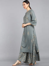 Women Grey Gold Toned Embroidered Pure Cotton Kurta With Palazzos Dupatta Set