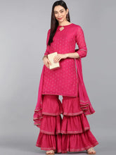 Women Pink Ethnic Motifs Embroidered Regular Poly Silk Kurta With Sharara