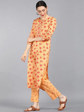 Women Orange Printed Panelled Pure Cotton Kurti With Palazzos With Dupatta Set