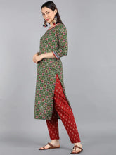 Women Green Printed Regular Pure Cotton Kurta With Trousers With Dupatta Set