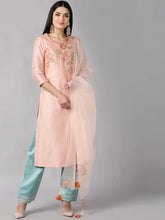 Women Peach Floral Embroidered Regular Kurti With Trousers Dupatta Set