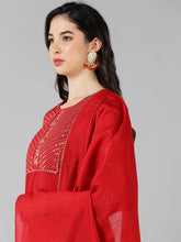 Women Red Printed Embroidered Kurti Trousers With Dupatta