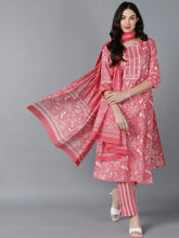 Women Pink Cotton Printed Kurta Trouser With Dupatta
