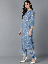 Women Blue Cotton Printed Kurta Trouser With Dupatta