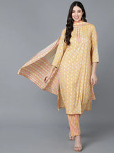 Women Yellow Cotton Printed Kurta Trousers With Dupatta