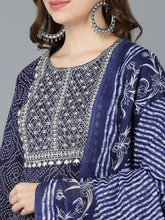 Women Navy Blue Pure Cotton Kurta Trousers With Dupatta Vkskd1478