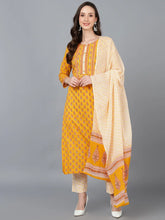 Women Mustard Pure Cotton Floral Printed Kurta Trousers With Dupatta