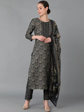 Women Black Silk Blend Printed Kurta Trousers With Dupatta