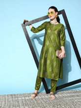 Women Green Cotton Silk Floral Foil Pencil Pants