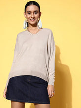 Women Beige V Neck High-Low Sweater