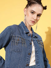 Women Embellished Navy Collared Neck Full Sleeve Jacket