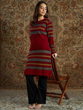 Women Maroon & Mustard Stripe Hair Wool Straight Kurta