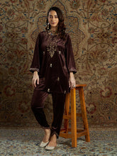 Women Brown Velvet Zari Embroidered Short Kurta