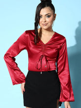 Women Red Lycra Satin Ruched Bell Sleeves Top