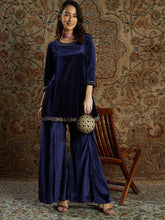Women Navy Velvet Zari Embroidered Short Kurta