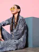 Women Printed Blue Full Sleeve Jacket