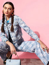 Women Printed Blue Full Sleeve Jacket