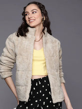 Women Solid Beige Full Sleeve Jacket