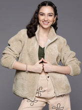 Women Solid Beige Full Sleeve Jacket