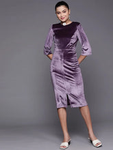 Women Purple Velvet Front Slit Bodycon Midi Dress