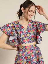 Women Purple Floral Chanderi Frill Crop Top