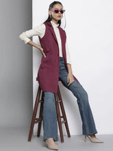 Women Solid Burgundy Sleeveless Jacket