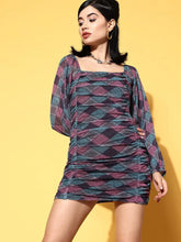 Women Burgundy Geometric Mesh Net Ruched Dress