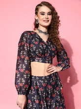 Women Navy Chanderi Floral Wrap Crop Top