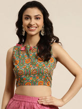 Women Teal Chanderi Floral Tassel Crop Top