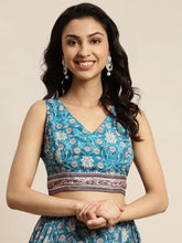 Women Teal Floral Sleeveless Crop Top