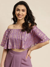 Women Purple Shloka Foil Print Bardot Crop Top