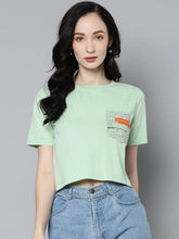 Women Green Newspaper Pocket Crop T-Shirt