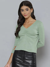 Women Olive Rib Full Sleeves Ruched Top