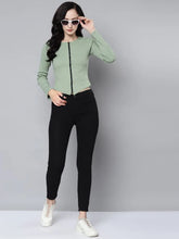 Women Olive Rib Long Sleeve Front Zip Top