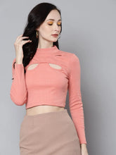 Women Peach Rib Front Cut Out Neck Crop Top